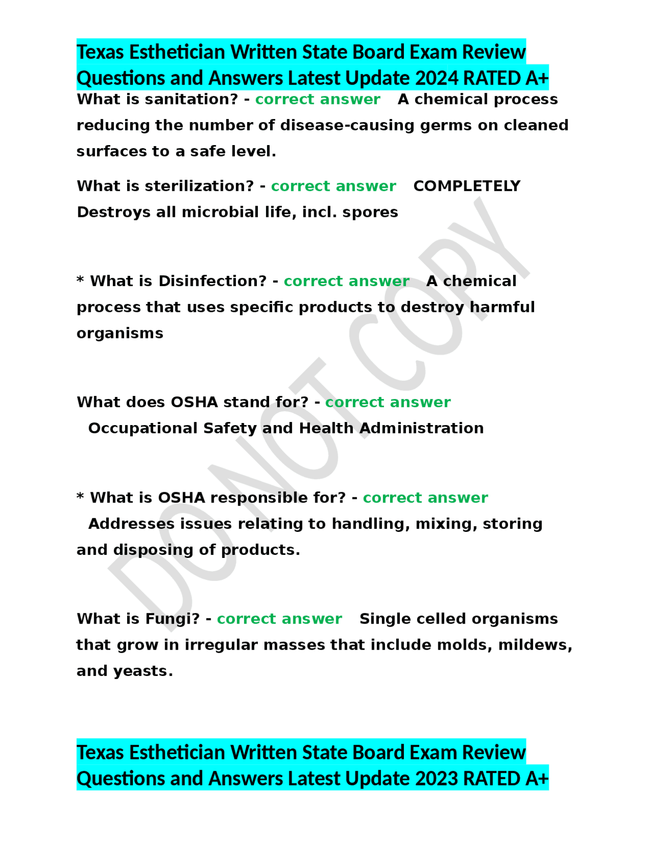 Texas Esthetician Written State Board Exam Review Questions and Answers