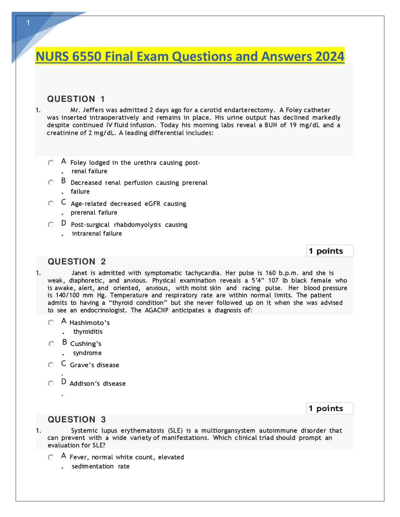 NURS 6550 Final Exam Questions and Answers 2024 | Exams Nursing | Docsity