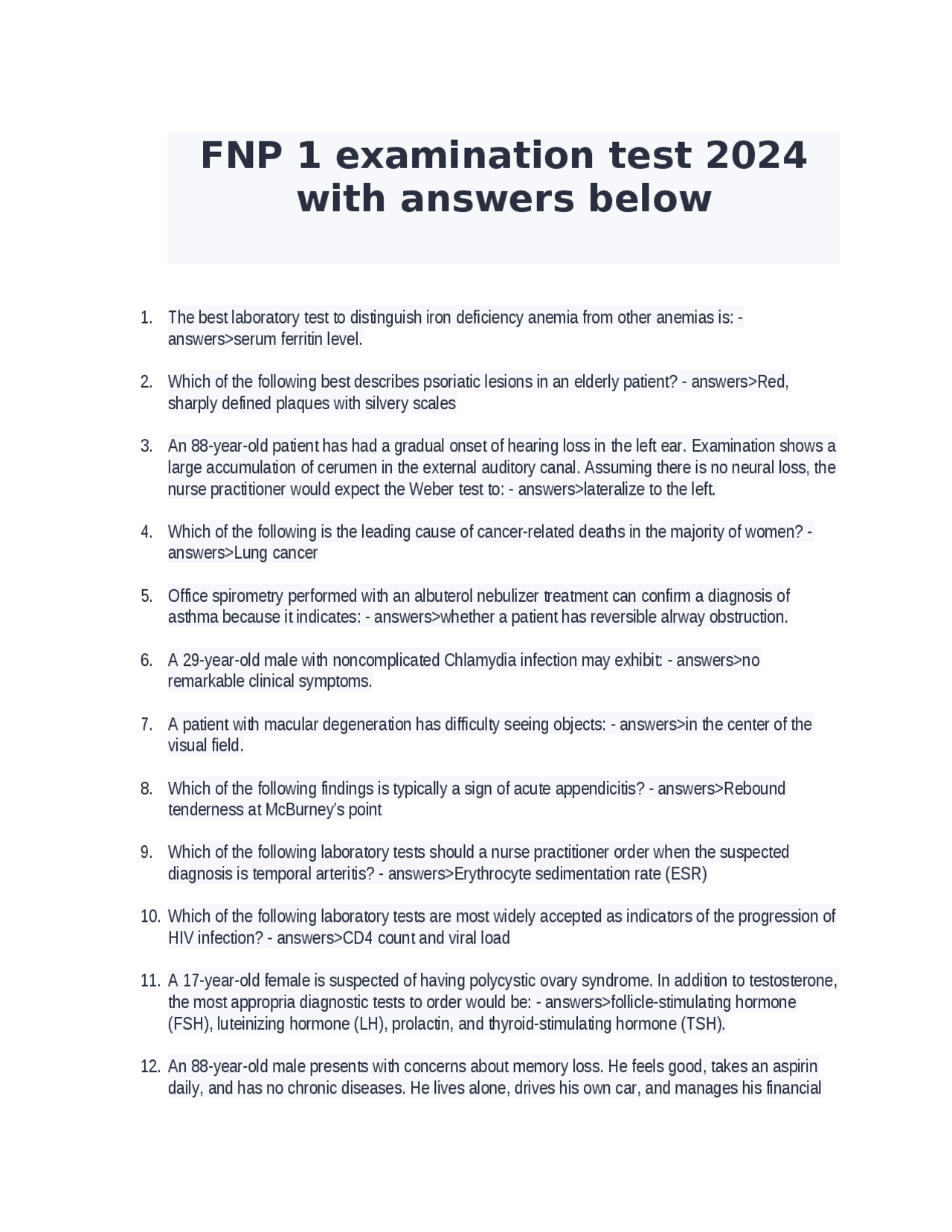 FNP 1 examination test 2024 with answers below Exams Nursing Docsity