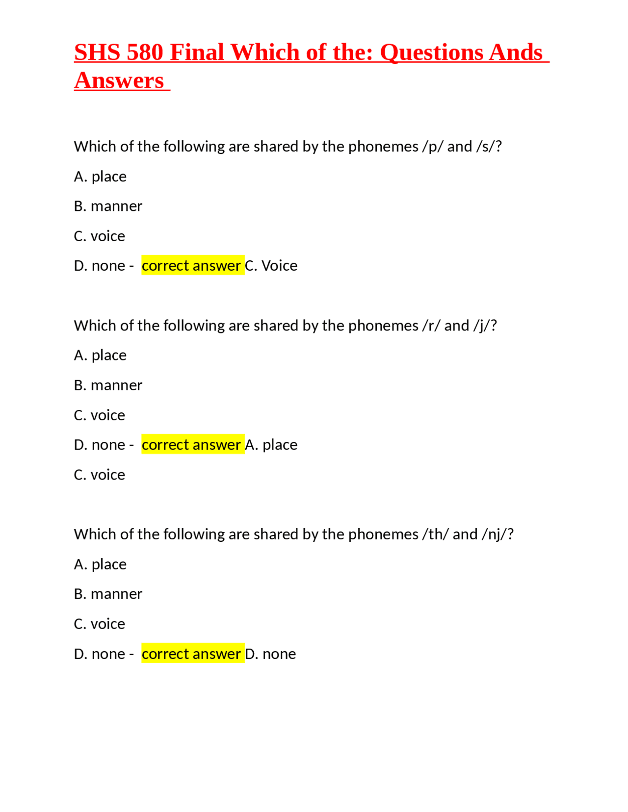 582 Sample Questions SHS 580 Final: Questions and Answers | Exams Linguistics | Docsity