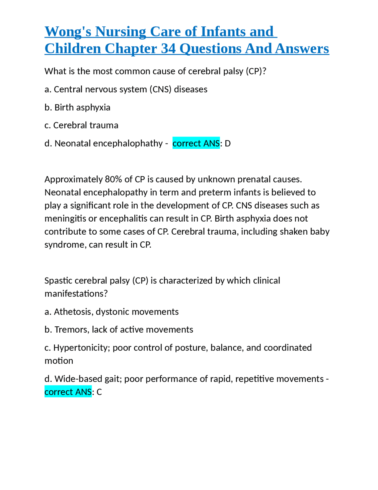 Wong's Nursing Care of Infants and Children Chapter 34 Questions And ...