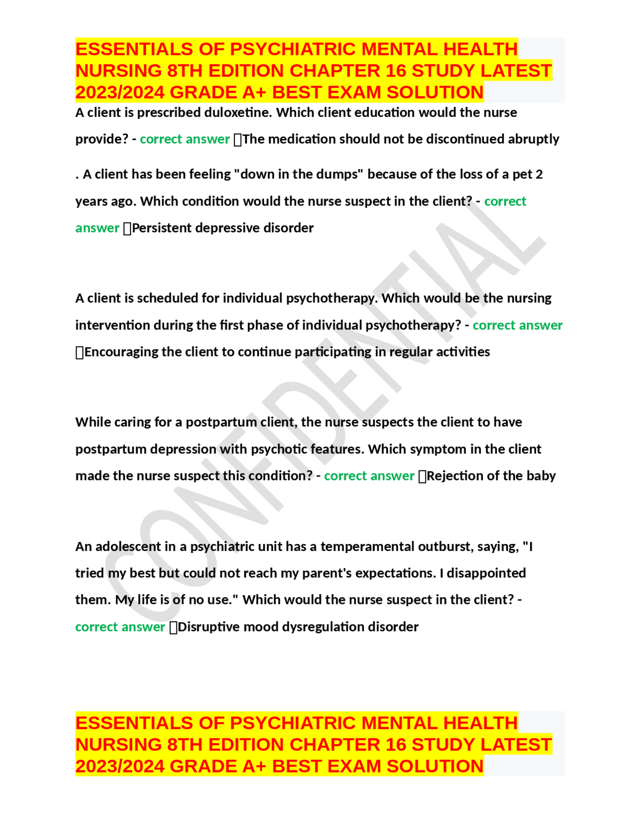 ESSENTIALS OF PSYCHIATRIC MENTAL HEALTH NURSING 8TH EDITION CHAPTER 16 ...
