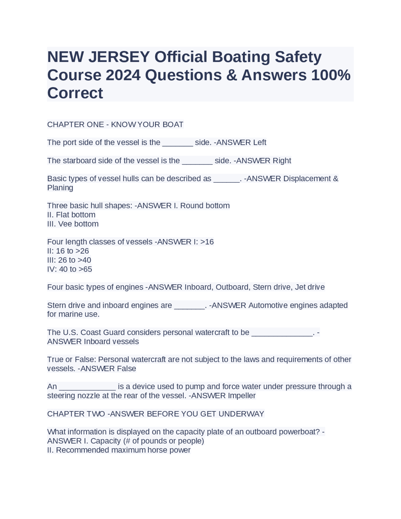 NEW JERSEY Official Boating Safety Course 2024 Questions & Answers 100
