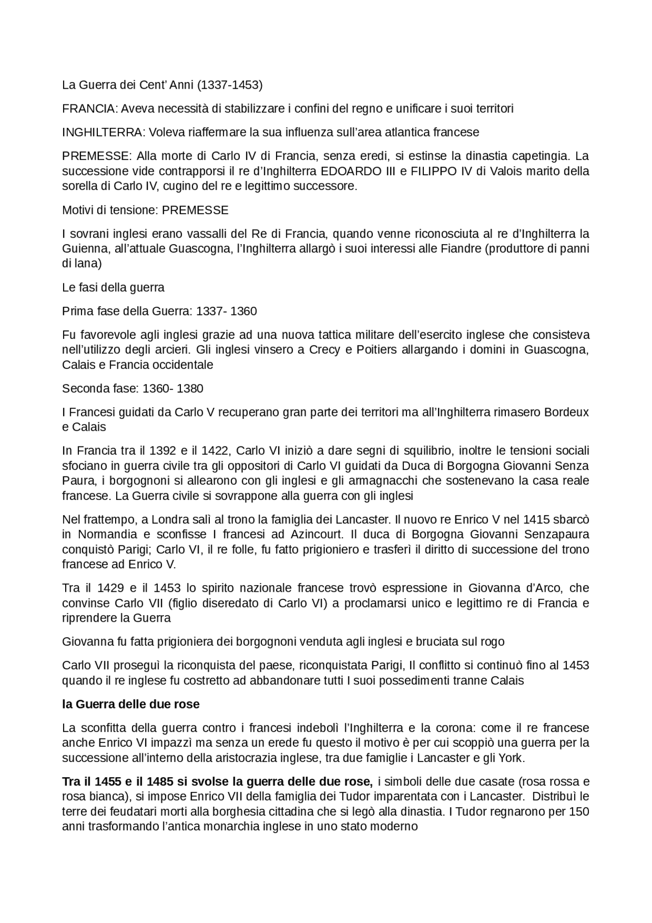 la guerra dei cent'anni | Schemi e mappe concettuali di Storia | Docsity