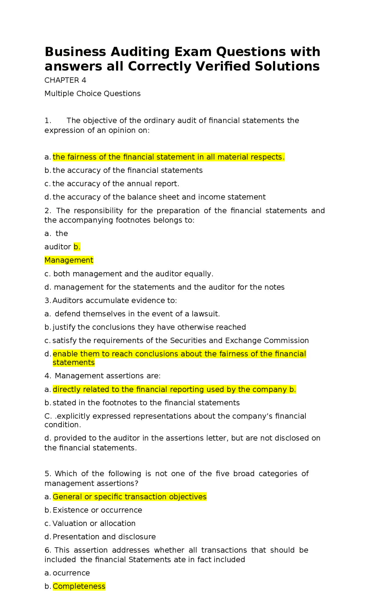 Business Auditing Exam Questions with answers all Correctly Verified