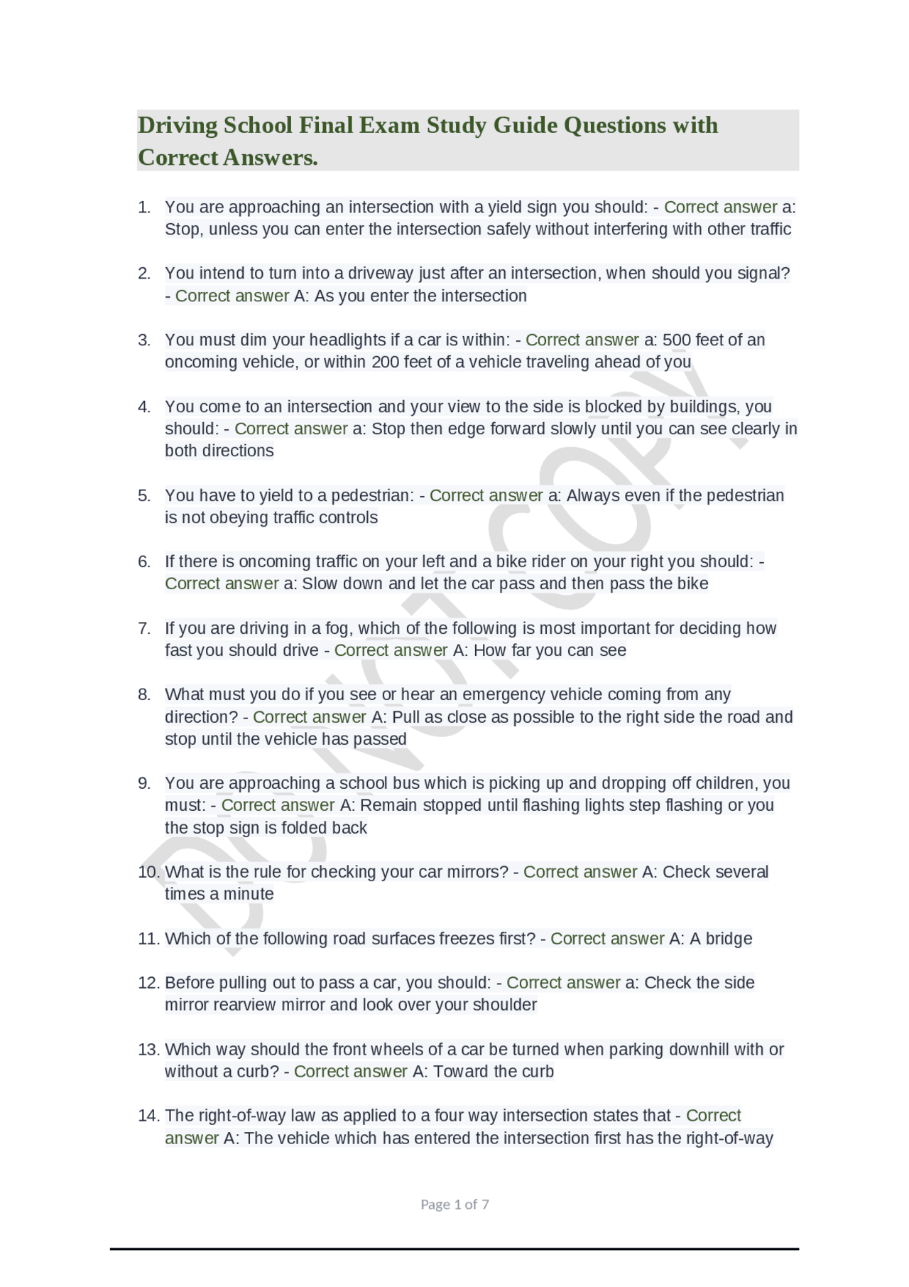 Driving School Final Exam Study Guide Questions with Correct Answers ...