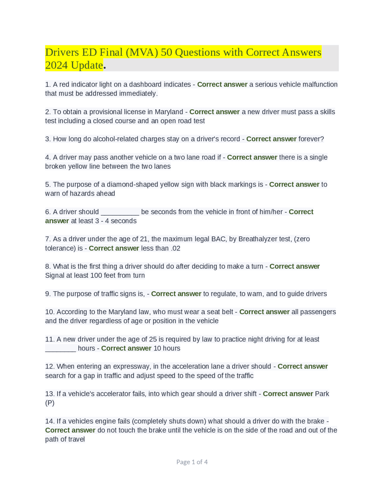 Drivers ED Final (MVA) 50 Questions with Correct Answers 2024 Update