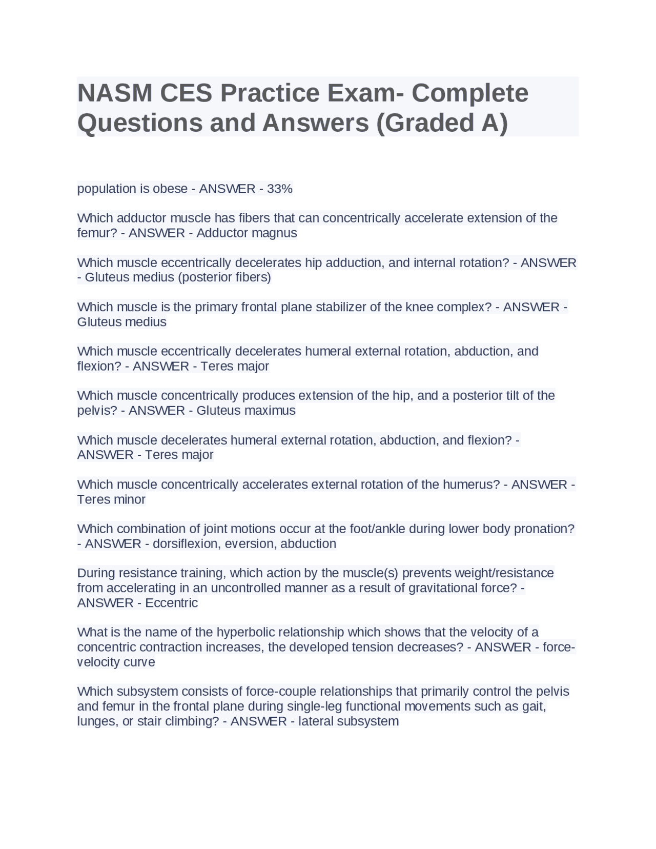 NASM CES Practice Exam- Complete Questions and Answers (Graded A ...
