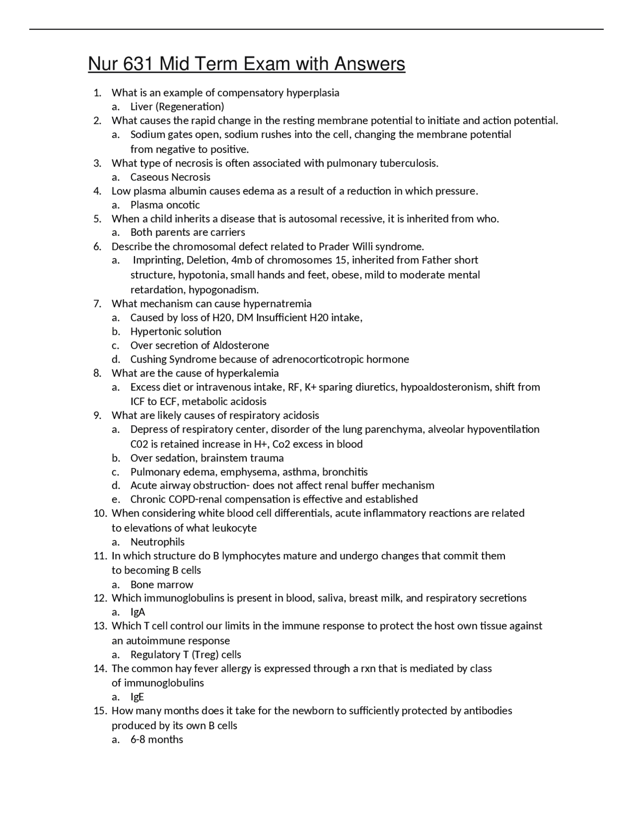 Nur 631 Mid Term Exam with Answers | Exams Nursing | Docsity