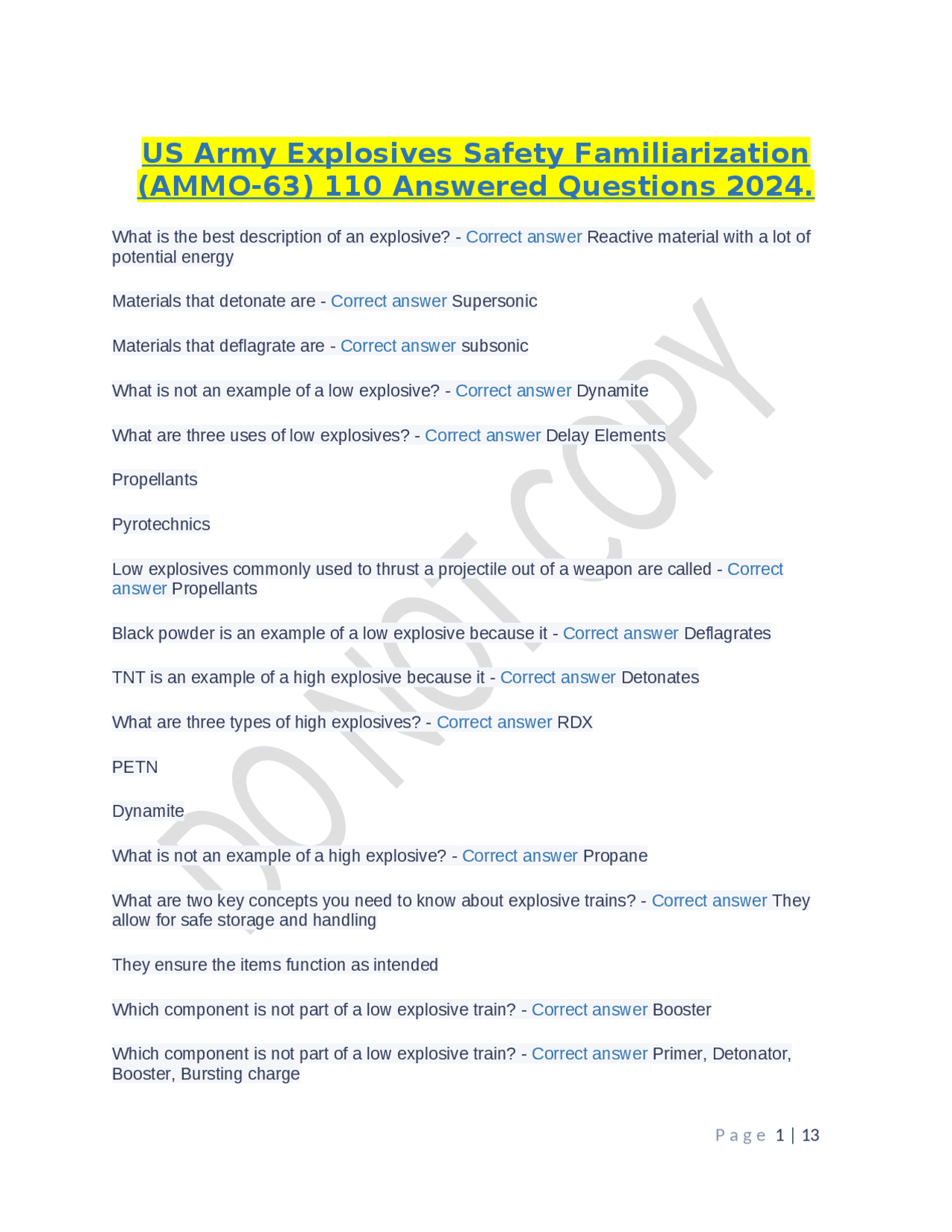 US Army Explosives Safety Familiarization (AMMO-63) 110 Answered ...