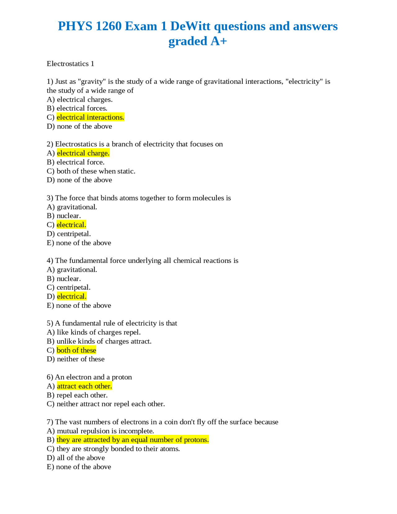 PHYS 1260 Exam 1 DeWitt questions and answers graded A+ | Exams ...