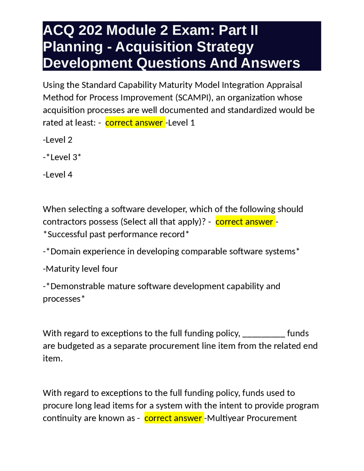 ACQ 202 Module 2 Exam: Part II Planning - Acquisition Strategy ...