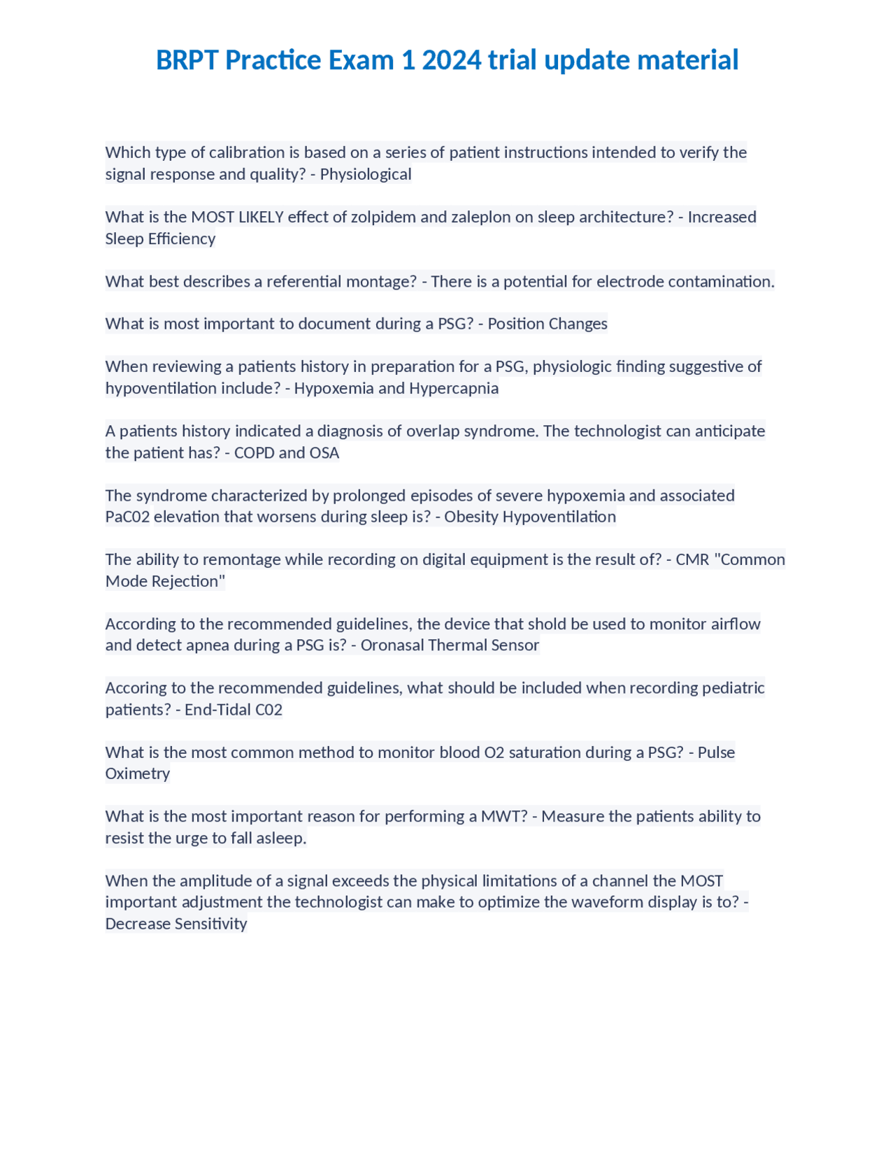 BRPT Practice Exam 1 2024 Sleep Technology Calibration and PSG Exam