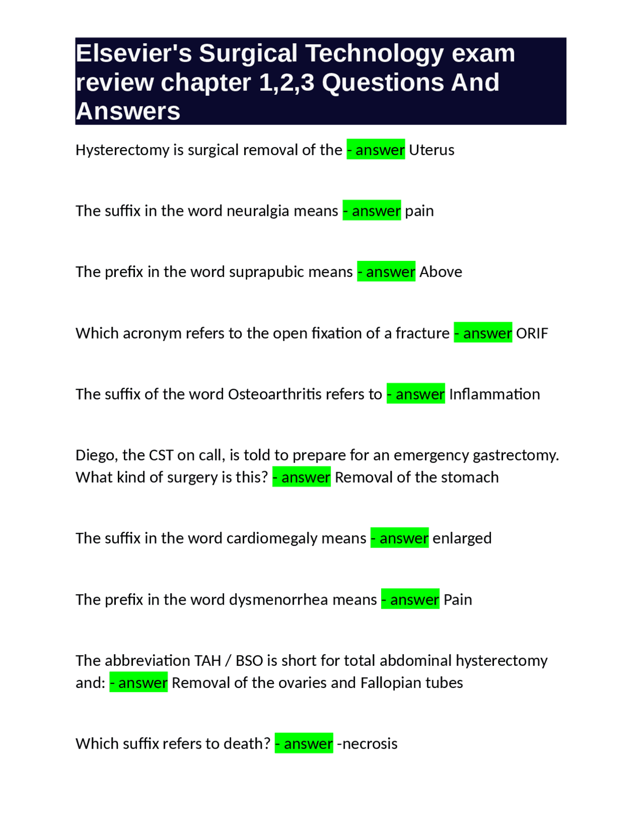 Elsevier's Surgical Technology exam review chapter 1,2,3 Questions And