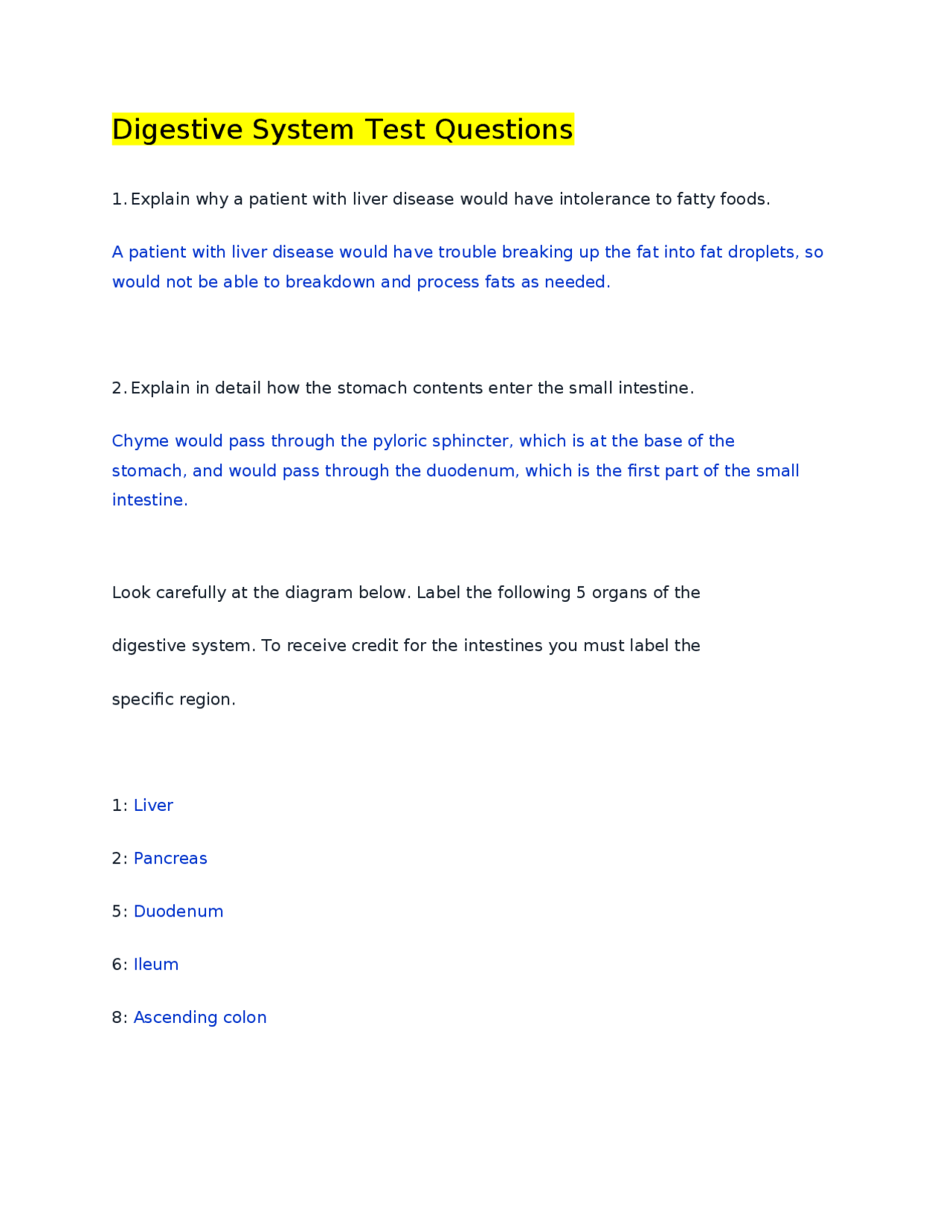 Digestive System Test Questions and Answers Exams Biology Docsity