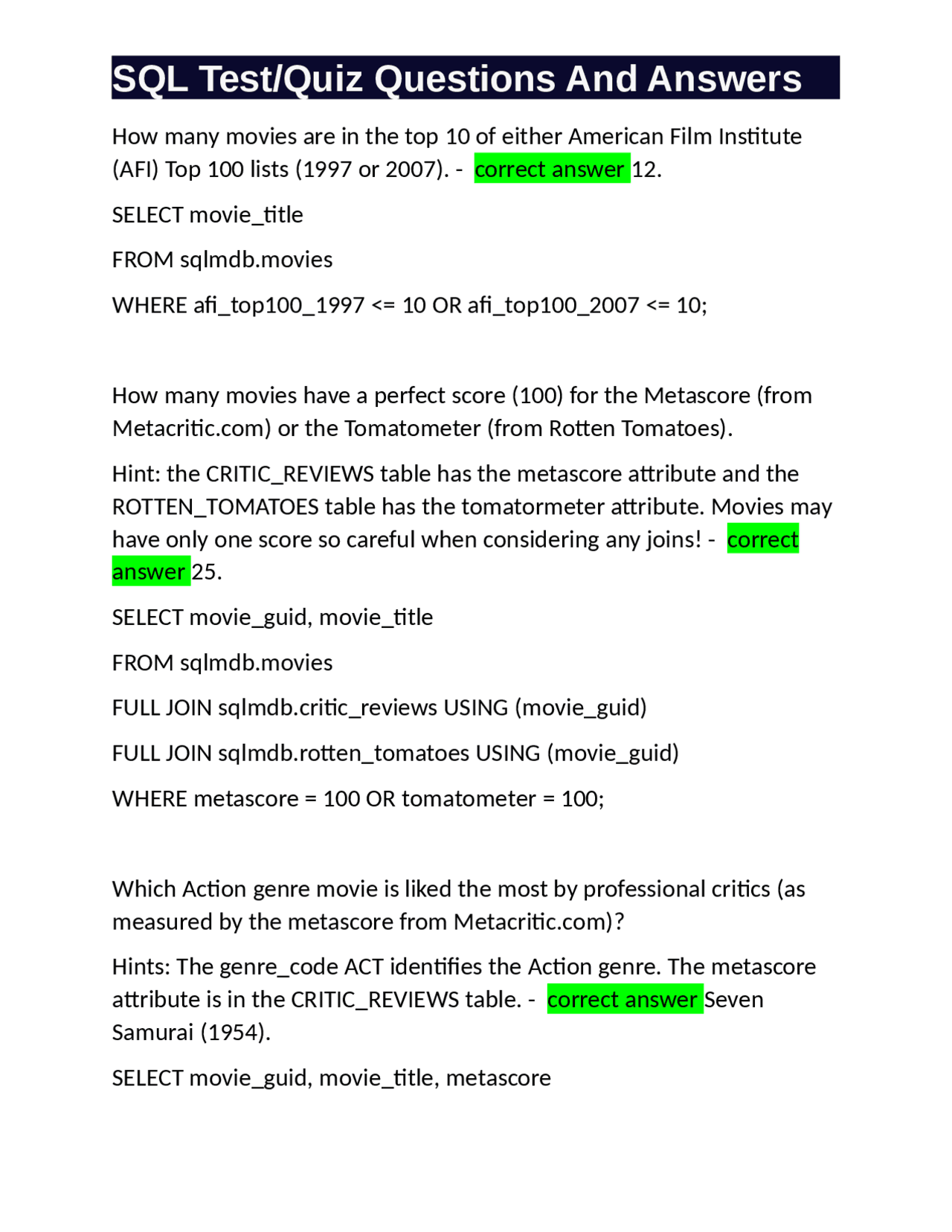 SQL Test/Quiz Questions And Answers | Exams History of film | Docsity