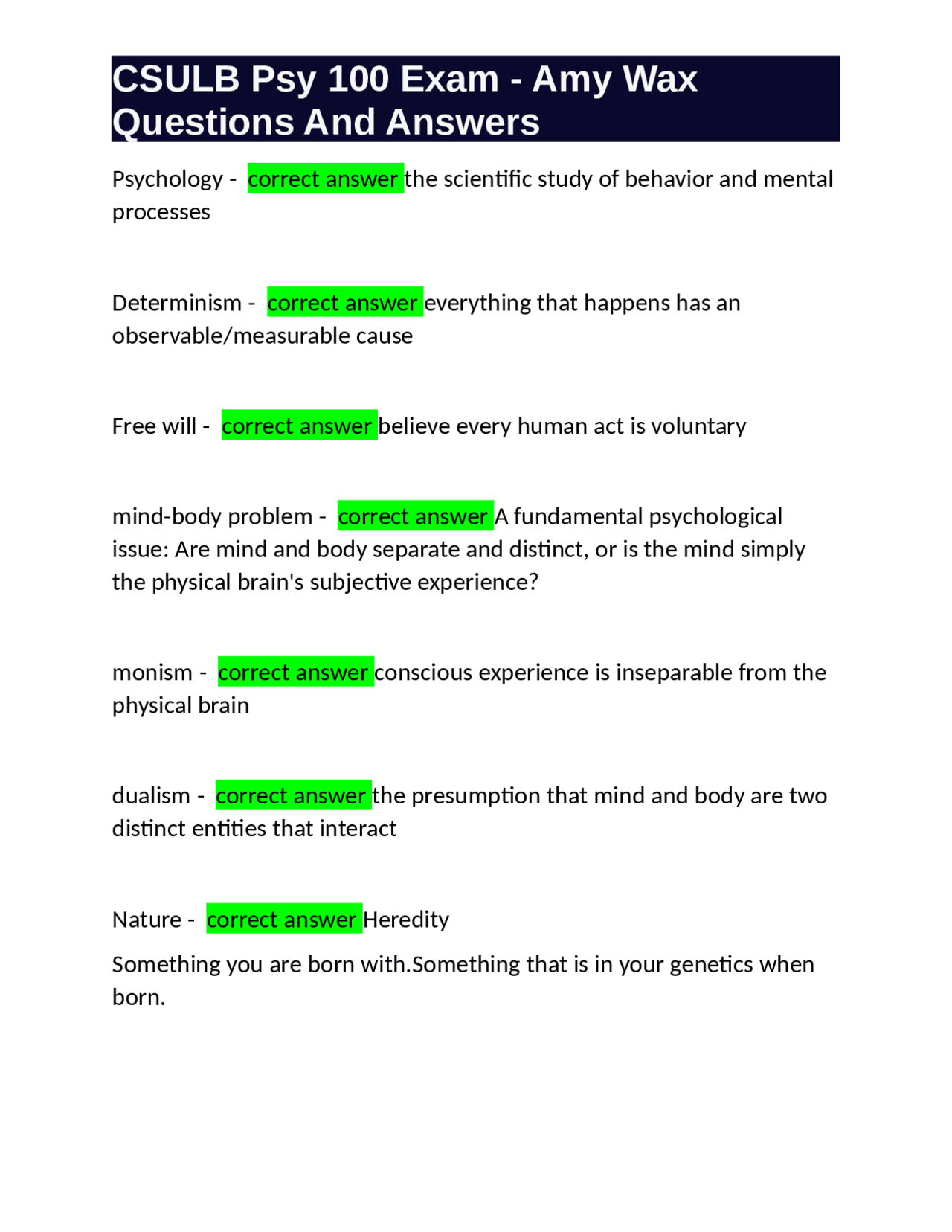 CSULB Psy 100 Exam Amy Wax Questions And Answers Exams Psychology