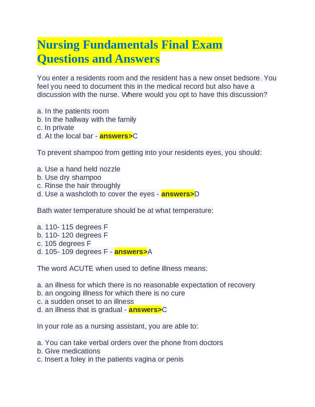 Nursing Fundamentals Final Exam Questions And Answers Exams Nursing Docsity Nursing Fundamentals Final Exam Questions And Answers Exams Nursing Docsity