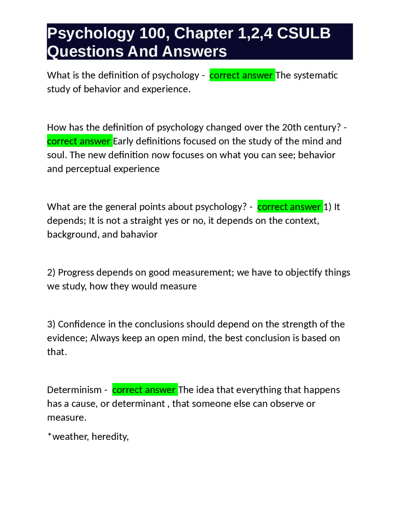 Psychology 100, Chapter 1,2,4 CSULB Questions And Answers Exams Psychology Docsity