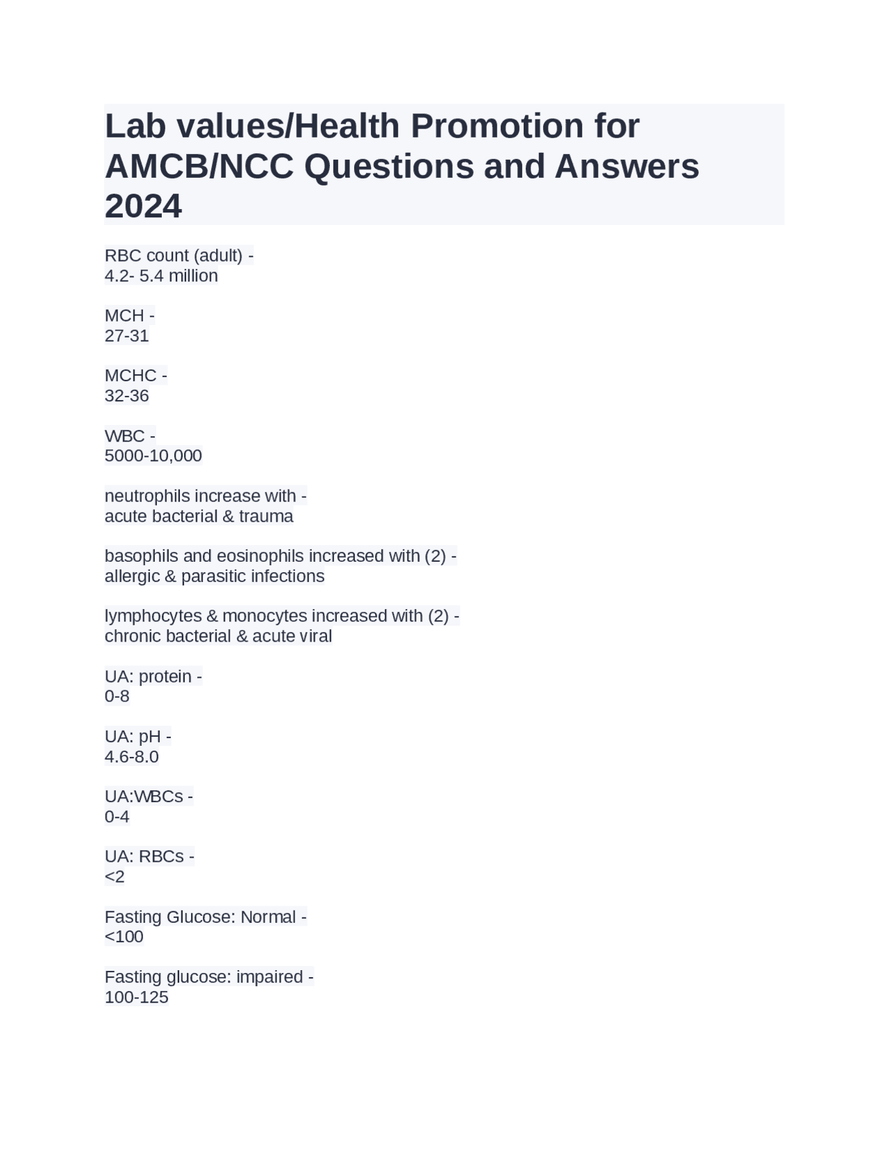 Lab values/Health Promotion for AMCB/NCC Questions and Answers 2024 ...