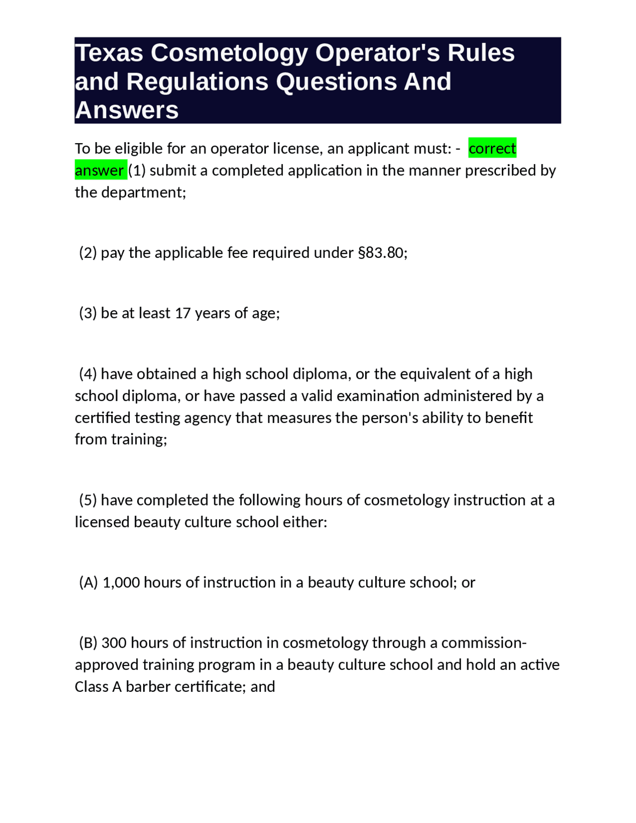Texas Cosmetology Operator's Rules and Regulations Questions And ...