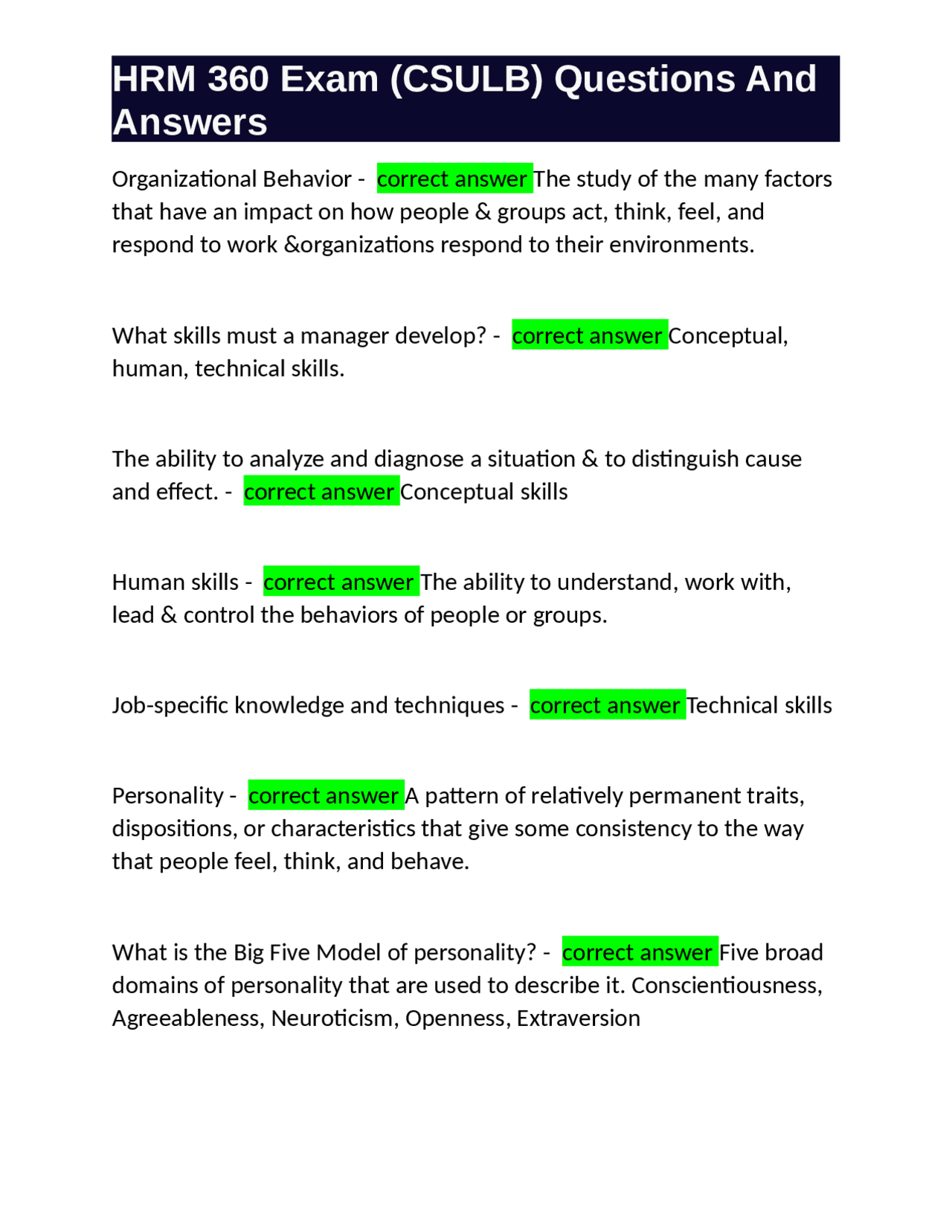 HRM 360 Exam (CSULB) Questions And Answers Exams Psychology Docsity