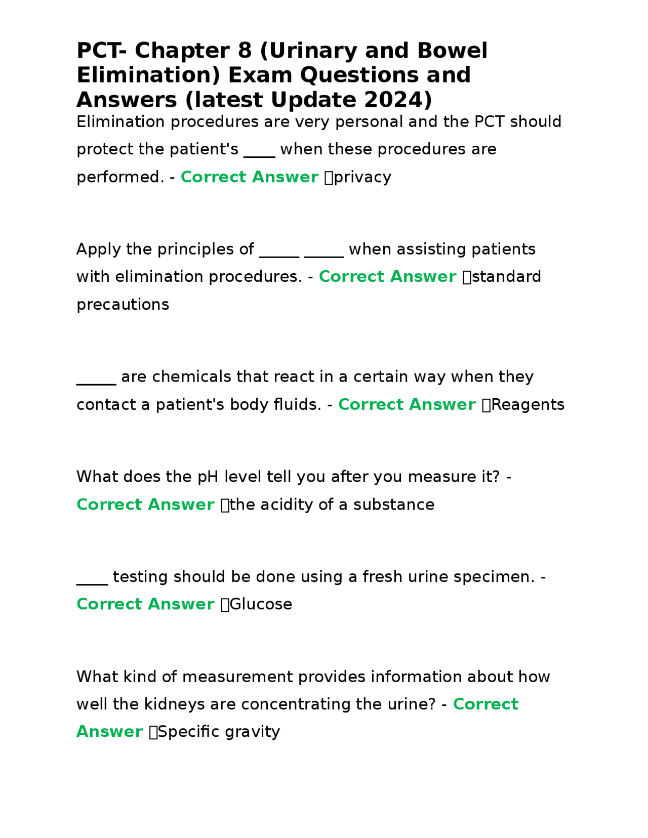 Pct Chapter 2 PCT- Chapter 8 (Urinary and Bowel Elimination) Exam Questions and ...