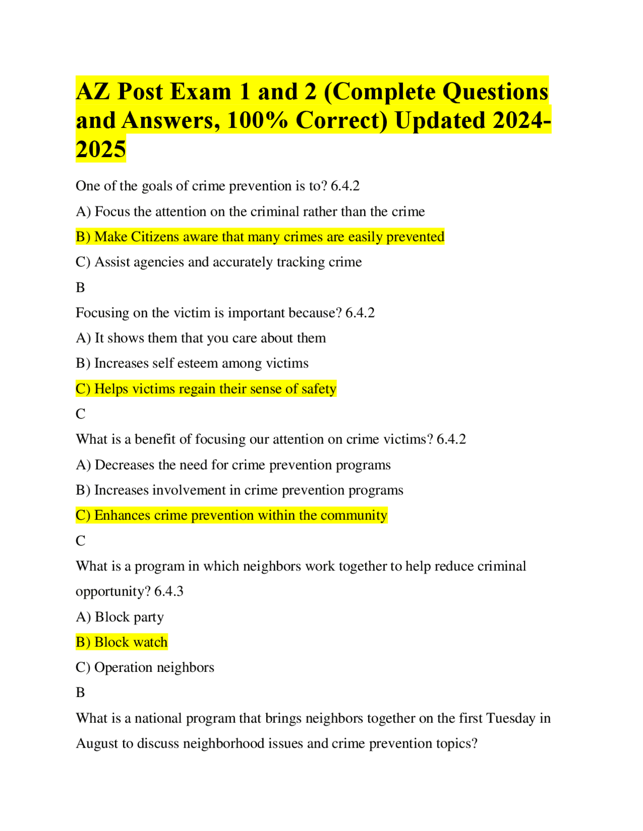 AZ Post Exam 1 and 2 (Complete Questions and Answers, 100% Correct ...