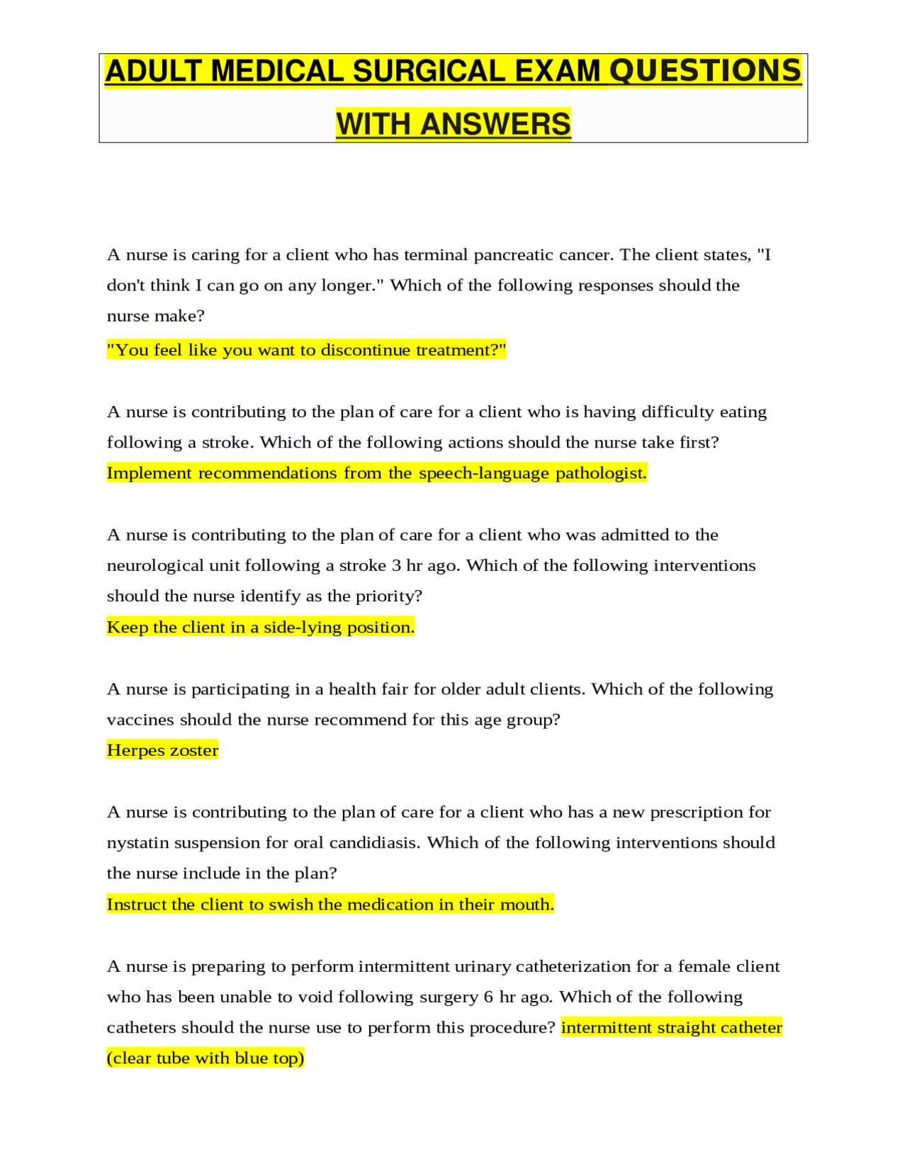 ADULT MEDICAL SURGICAL EXAM QUESTIONS WITH ANSWERS Exams General