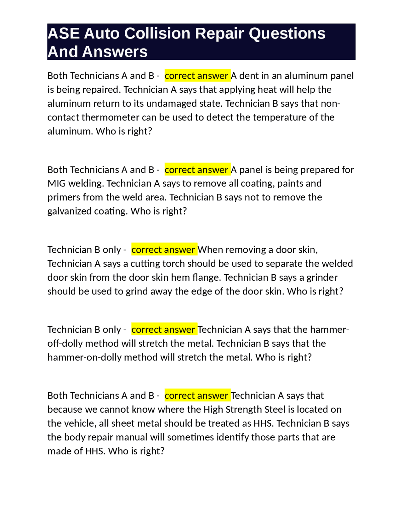 ASE Auto Collision Repair Technician Disputes and Answers Exams