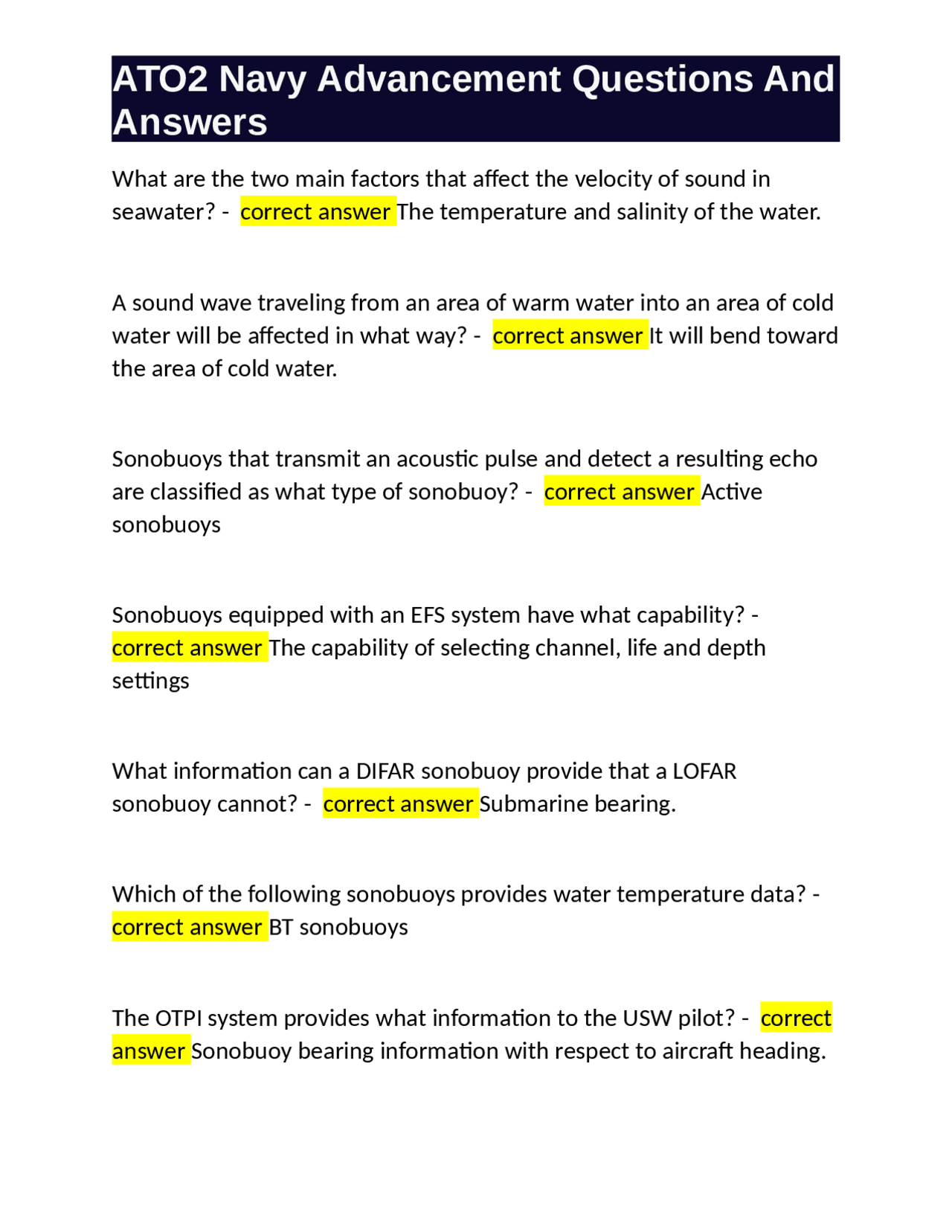 ATO2 Navy Advancement Questions And Answers Exams Mechanics Docsity