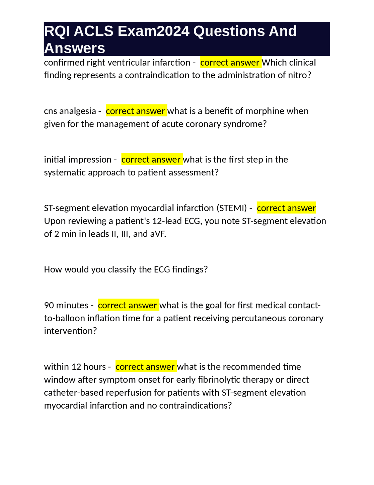 RQI ACLS Exam2024 Questions And Answers | Exams Medicine | Docsity