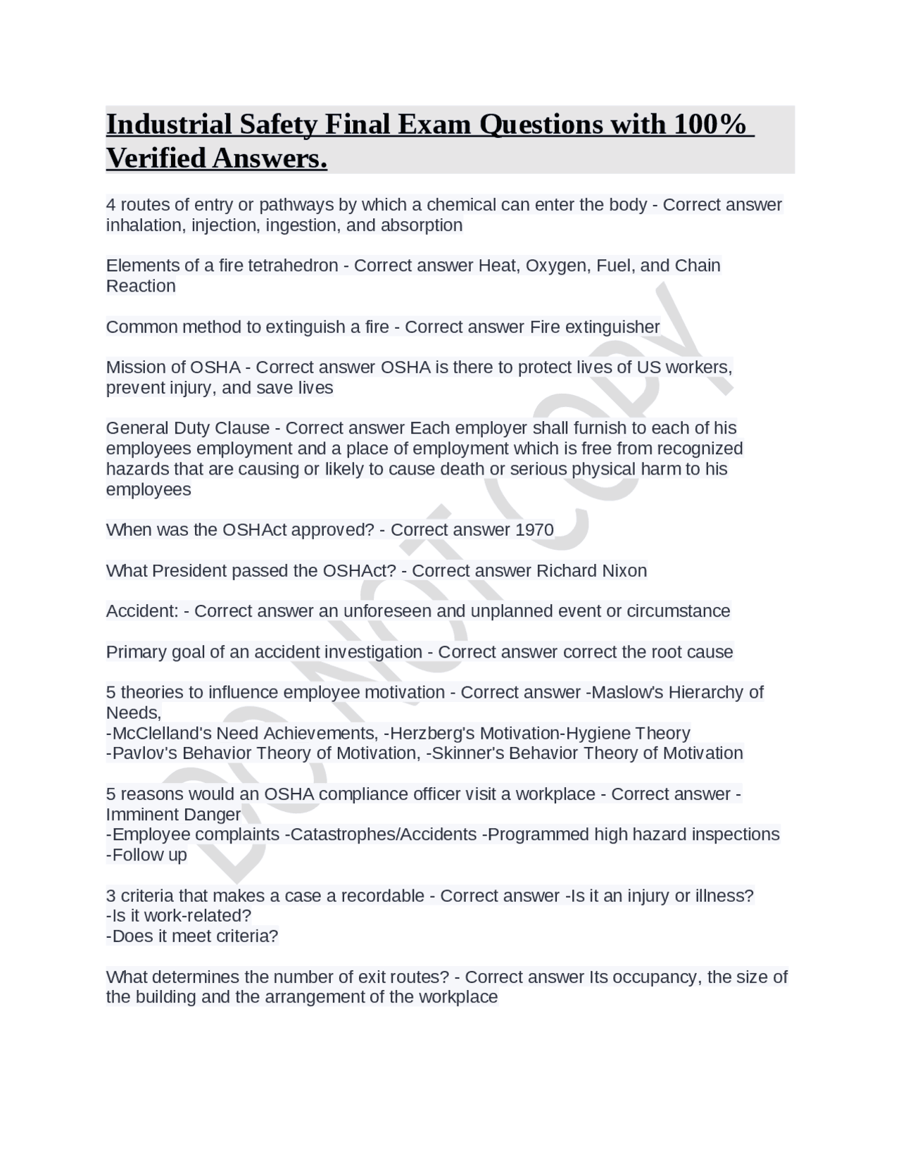 Industrial Safety Final Exam Questions with 100 Verified Answers