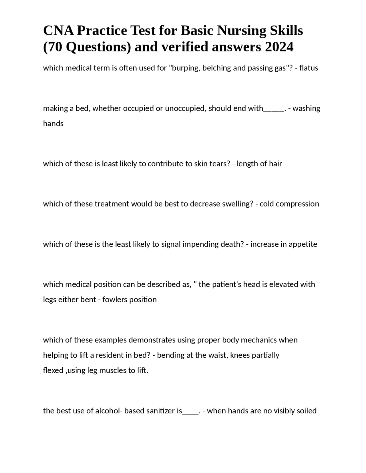 CNA Practice Test for Basic Nursing Skills 2024 with Questions and ...