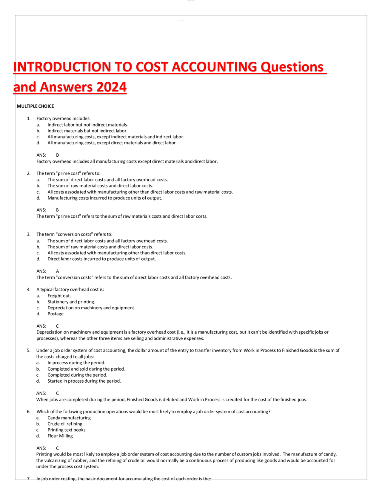 INTRODUCTION TO COST ACCOUNTING Questions and Answers 2024.pdf Exams