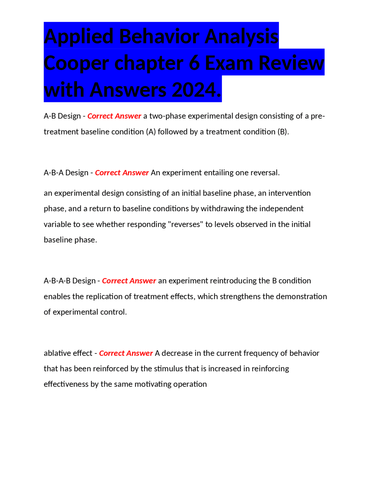 Applied Behavior Analysis Exam Review 2024: Key Concepts and Answers ...
