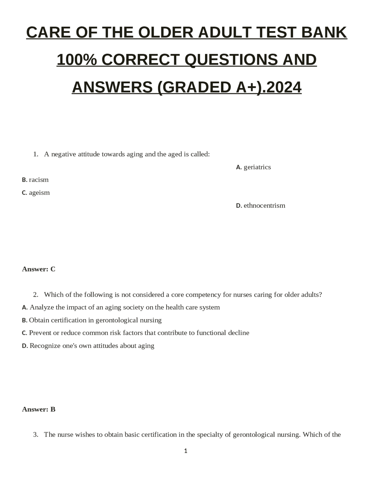 Care of The Older Adult: Test Bank Questions and Answers | Exams ...