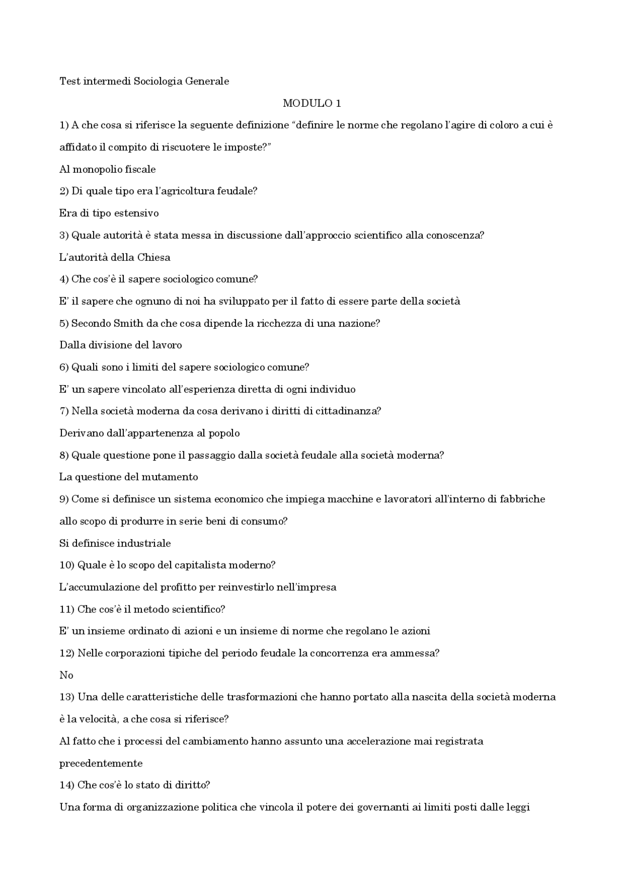 Domande e risposte Test Sociologia Generale | Prove d'esame di ...