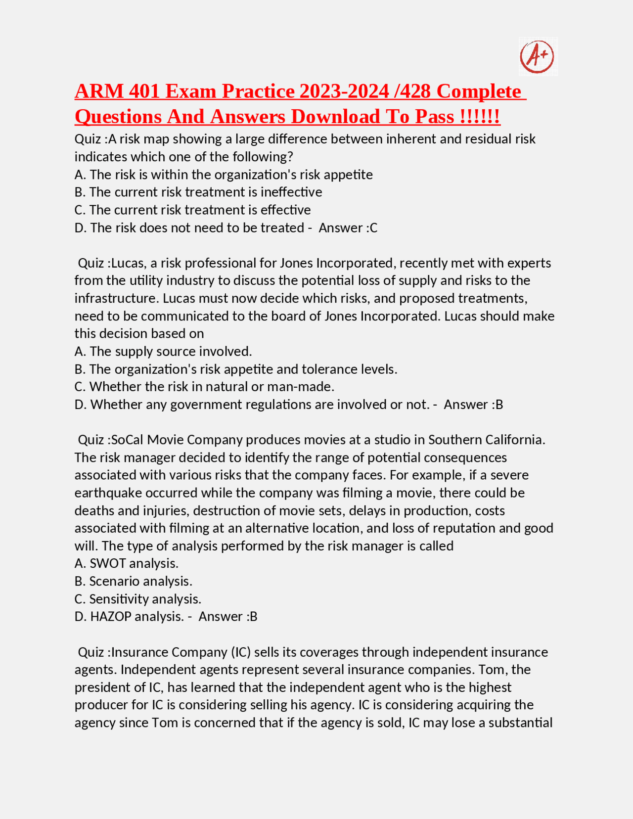 ARM 401 2024 questions and answers graded A+ Exams Marketing Business