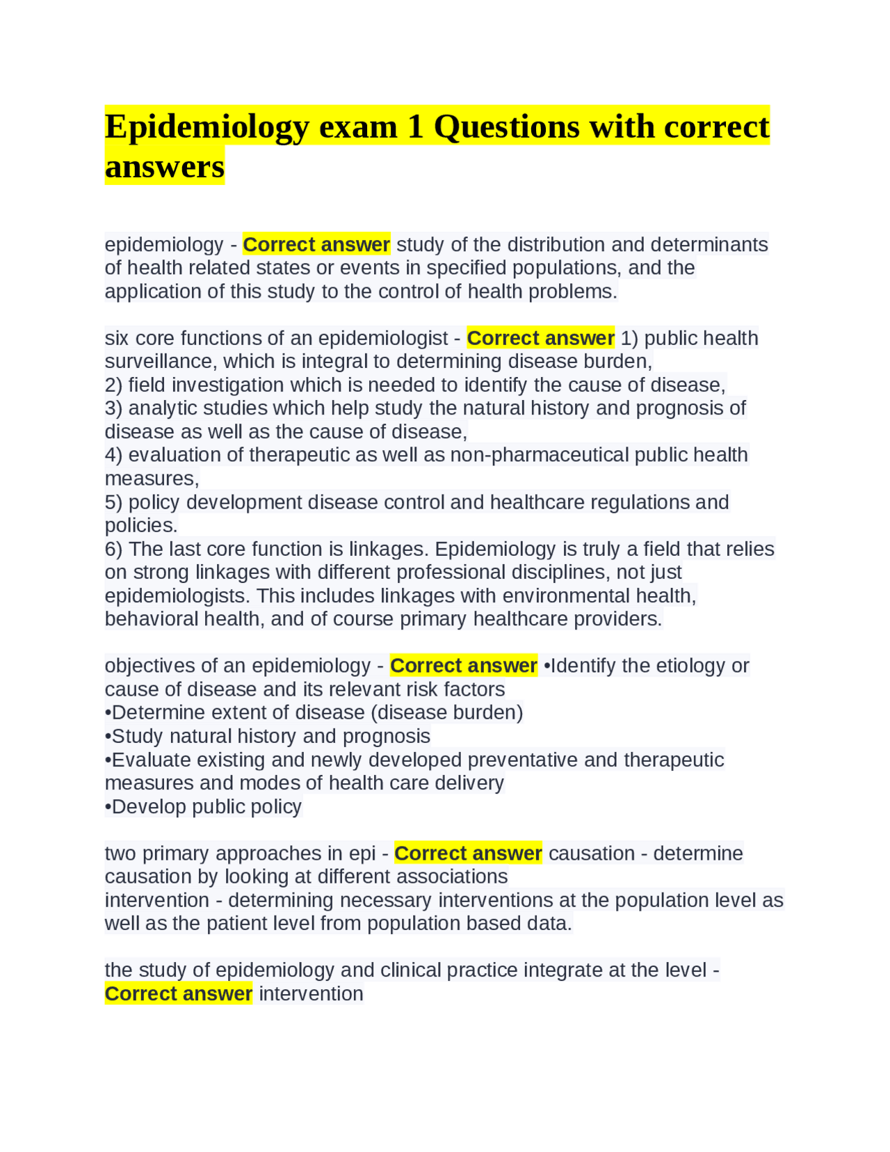 Epidemiology exam 1 Questions with correct answers Exams Epidemiology