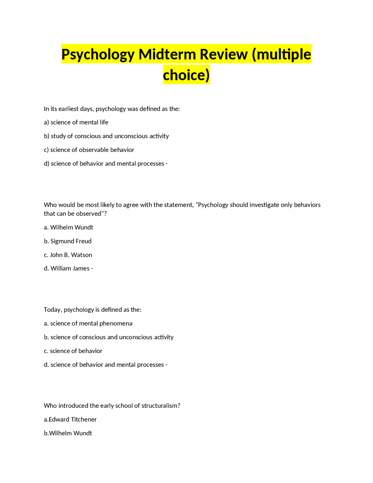 Psychology Midterm Review: Questions and Answers | Exams Psychology ...