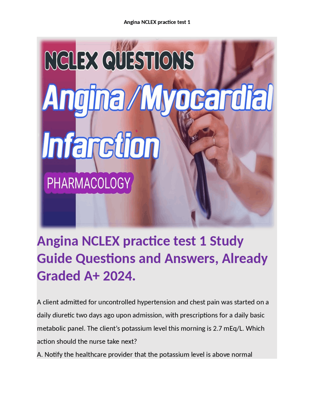 Angina NCLEX Practice Test: Identifying Angina and Myocardial ...