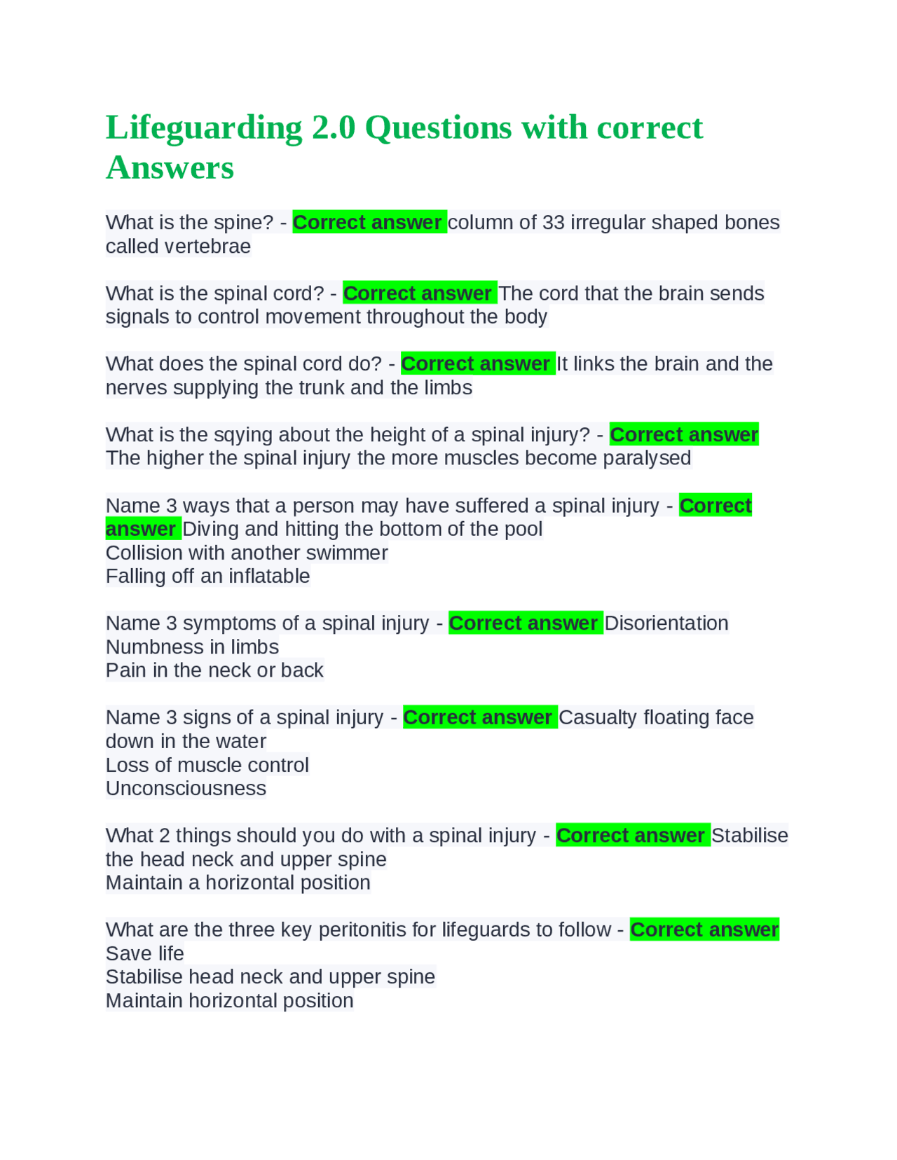 Lifeguarding Exam Questions and Answers Exams Nursing Docsity