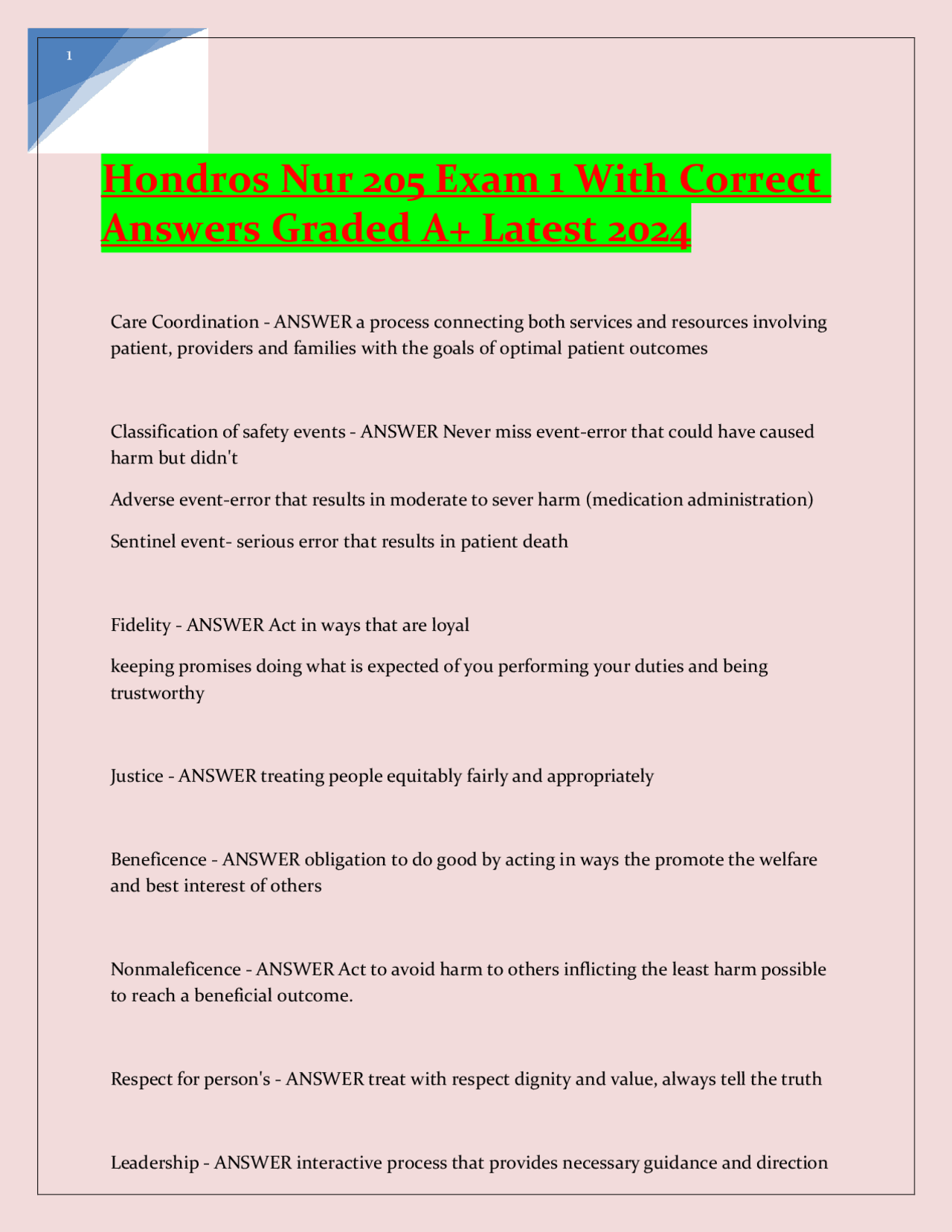 Hondros Nur 205 Exam 1 With Correct Answers Graded A+ Latest 2024.pdf ...