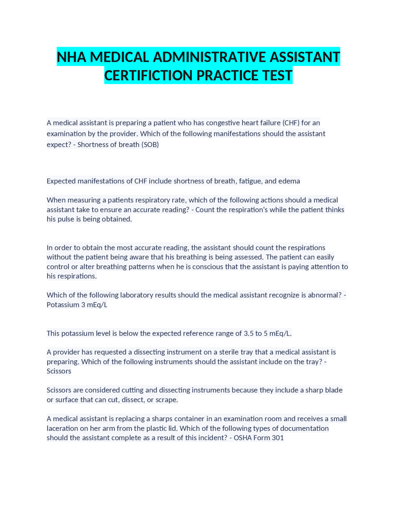 Medical Assistant Instructions and Procedures | Exams Nursing | Docsity