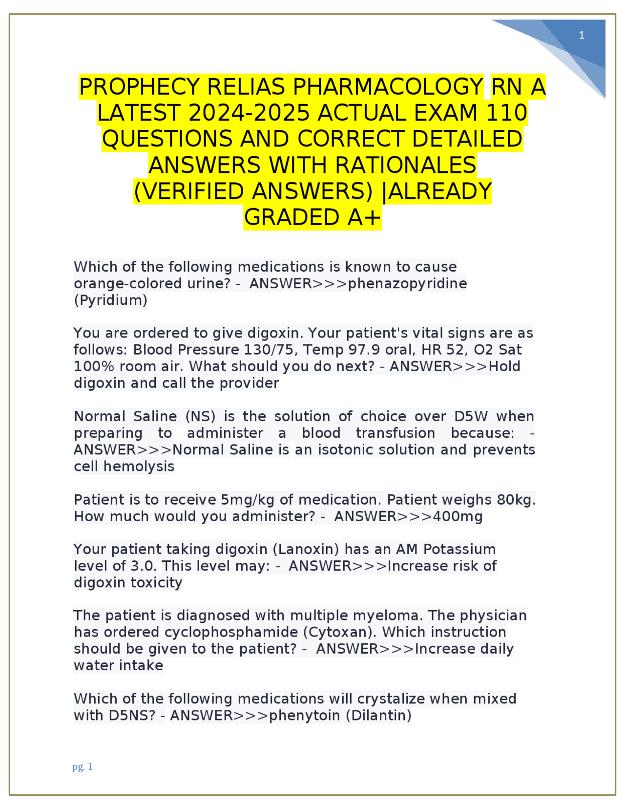PROPHECY RELIAS PHARMACOLOGY RN A LATEST 20242025 ACTUAL EXAM 110