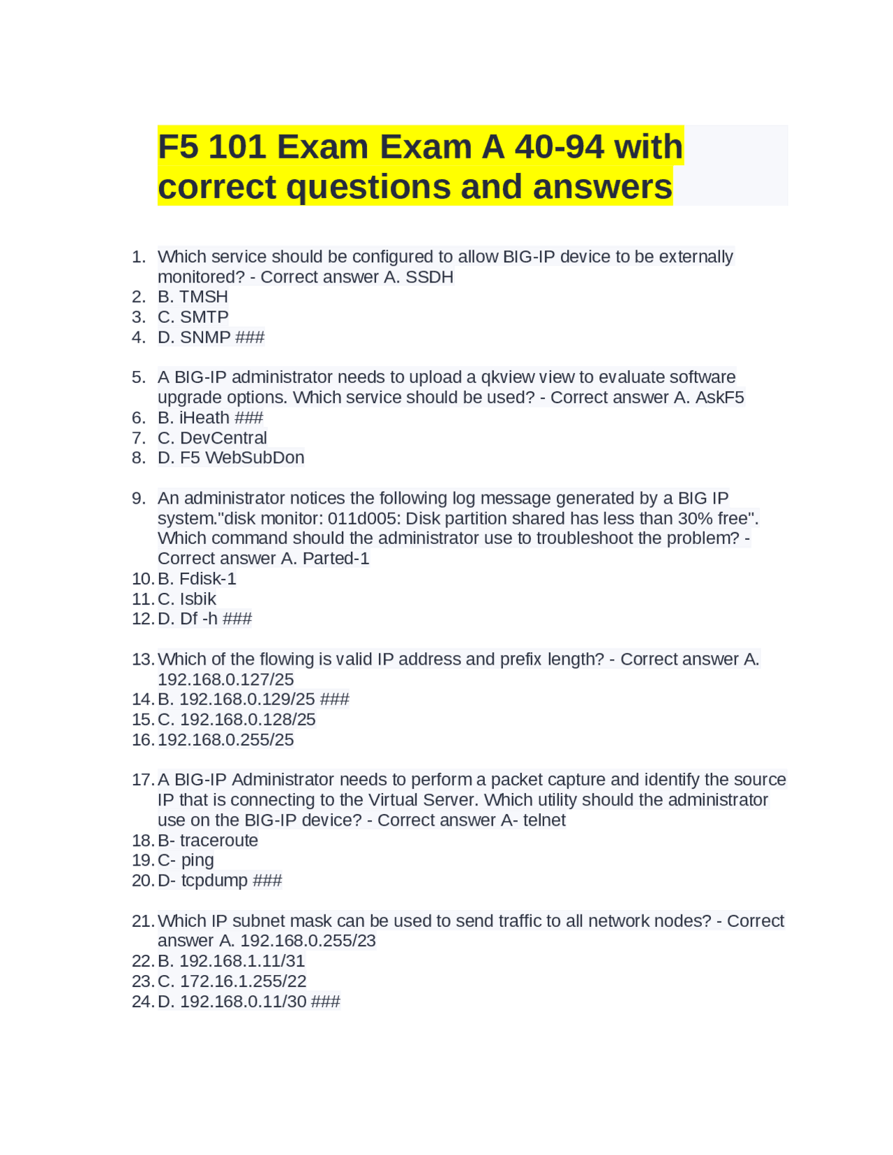 F5 BIG-IP Exam Questions and Answers | Exams Software Engineering | Docsity