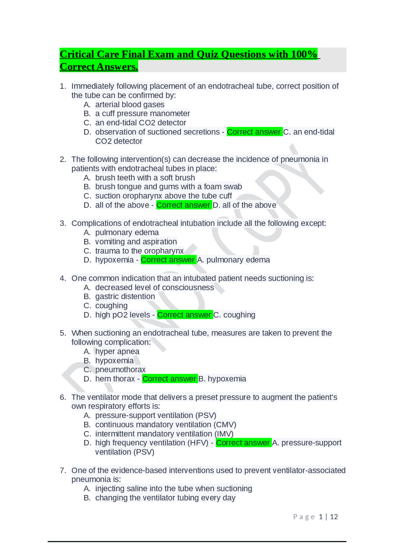 Critical Care Final Exam and Quiz Questions with 100% Correct Answers ...