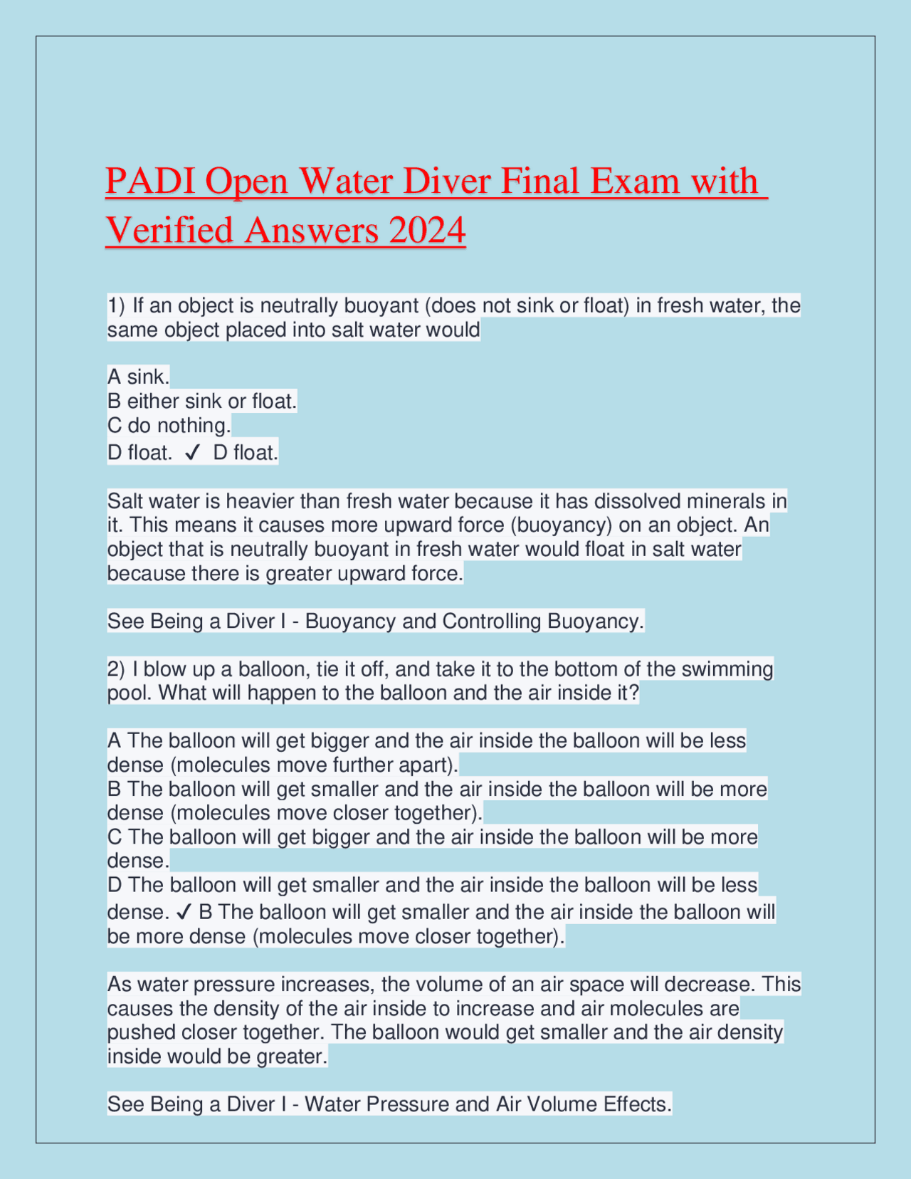 PADI Open Water Diver Final Exam with Verified Answers 2024.pdf Exams