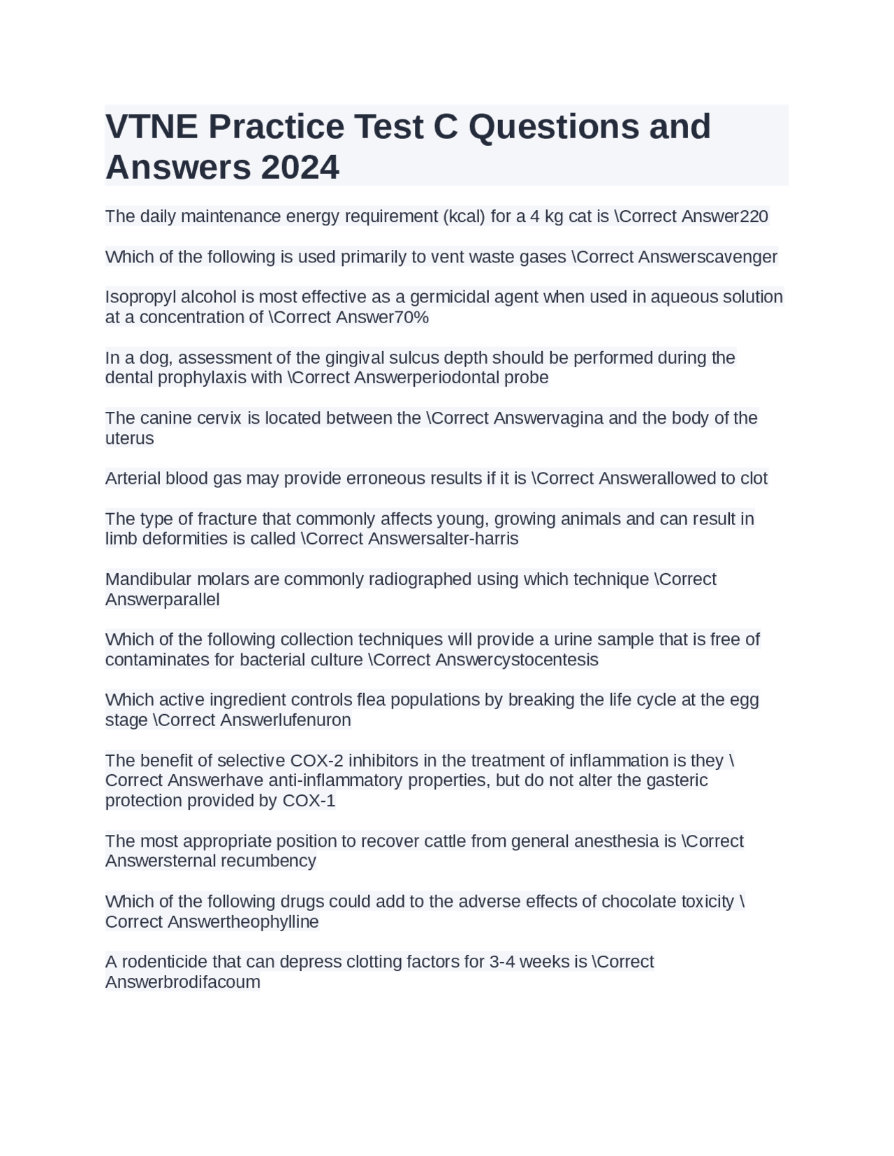 VTNE Practice Test C Questions and Answers 2024 | Exams Medicine | Docsity